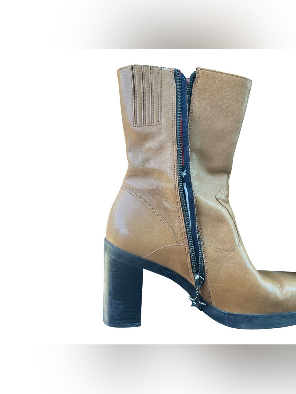 Vintage Y2K Tommy Hilfiger Brown Leather Chunky Heel Square Toe Boots Size 9 - Picture 8 of 10
